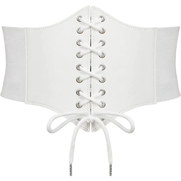 White leather elastic wide stretch belt corset top halloween cosplay costume NWT - Picture 1 of 8